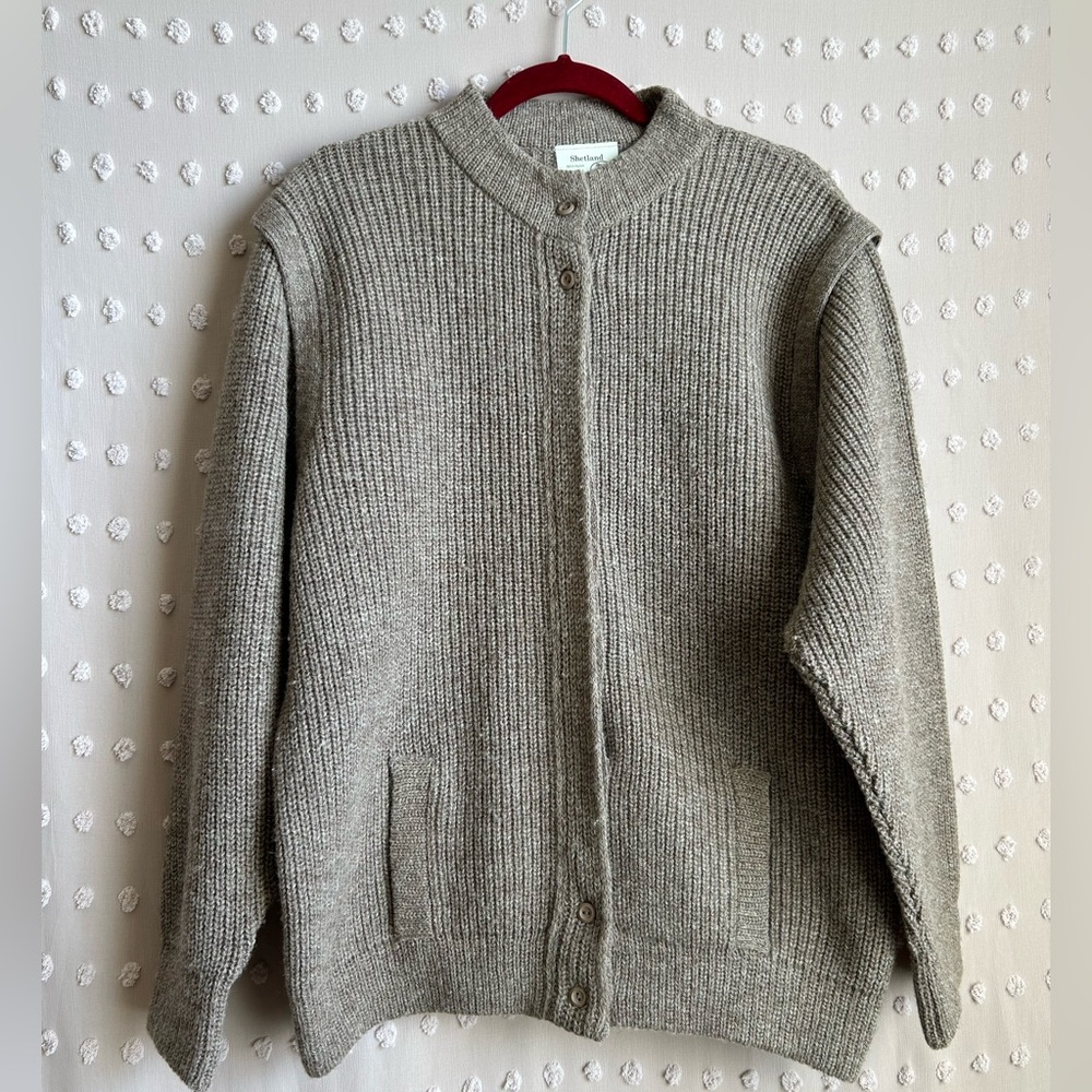 Shetland Edinburgh Wool Mill Button Up Long Sleeve Sweater Tan Brown‎